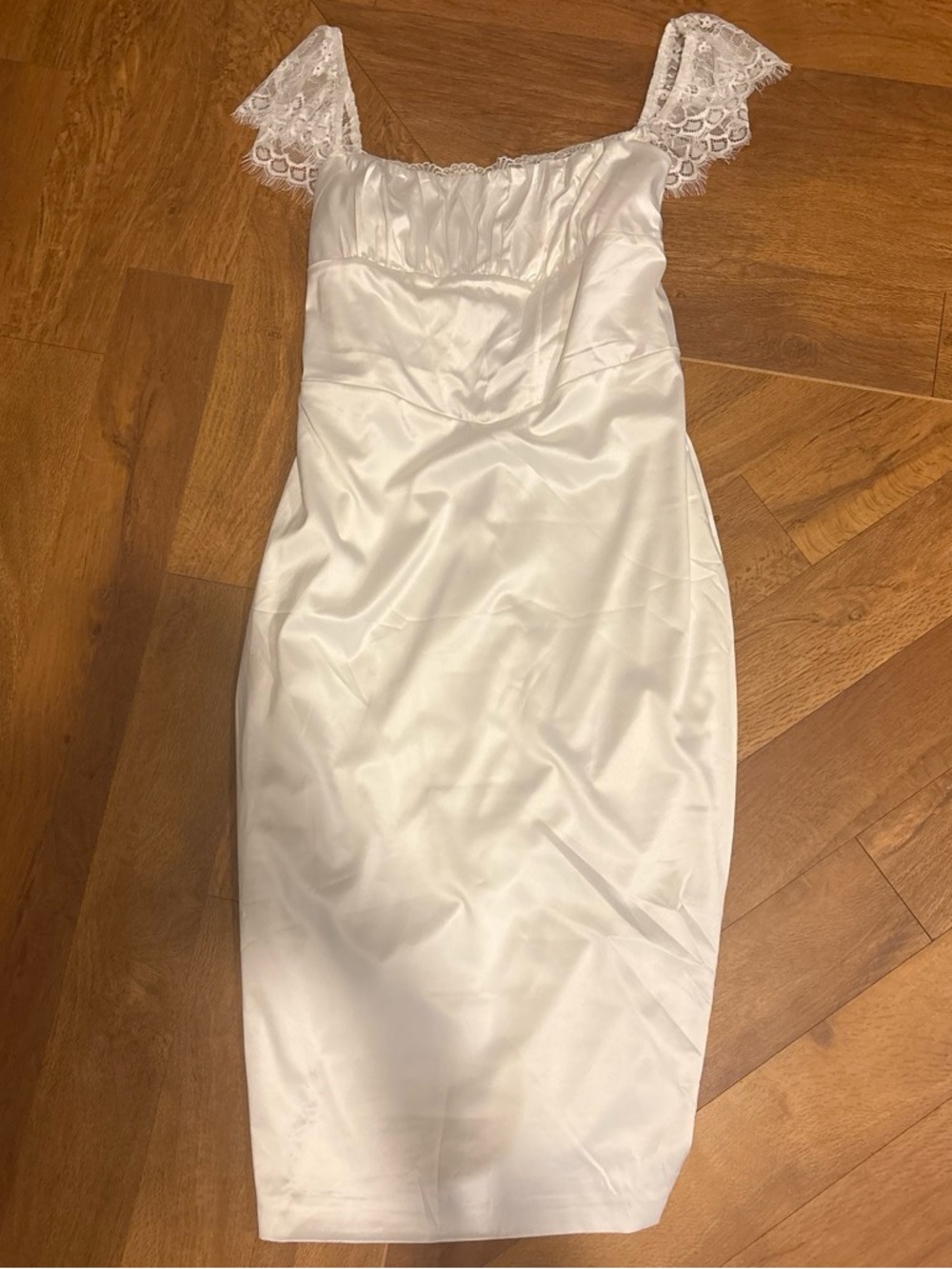 White Lace-Sleeve Satin Sheath Dress
